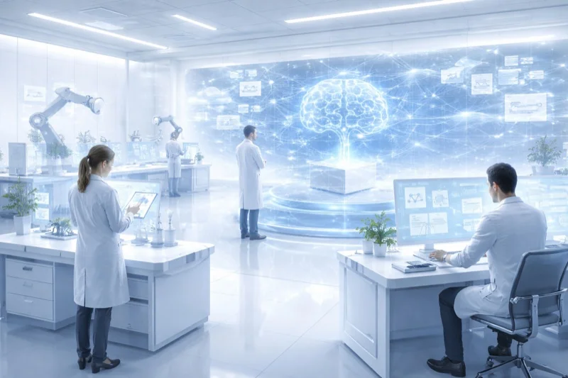 Cognitive Content research laboratory — scientists working with AI neural network visualization