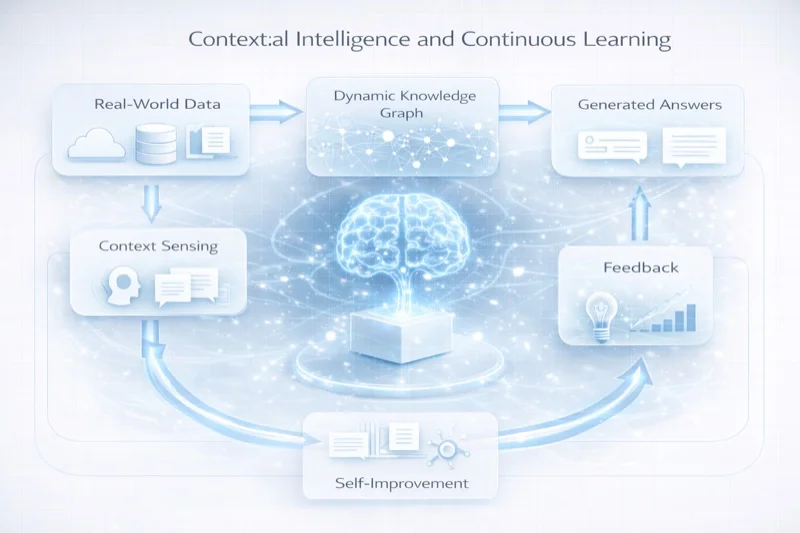 Contextual intelligence and continuous learning — context sensing, dynamic knowledge graph, generated answers, feedback, and self-improvement cycle